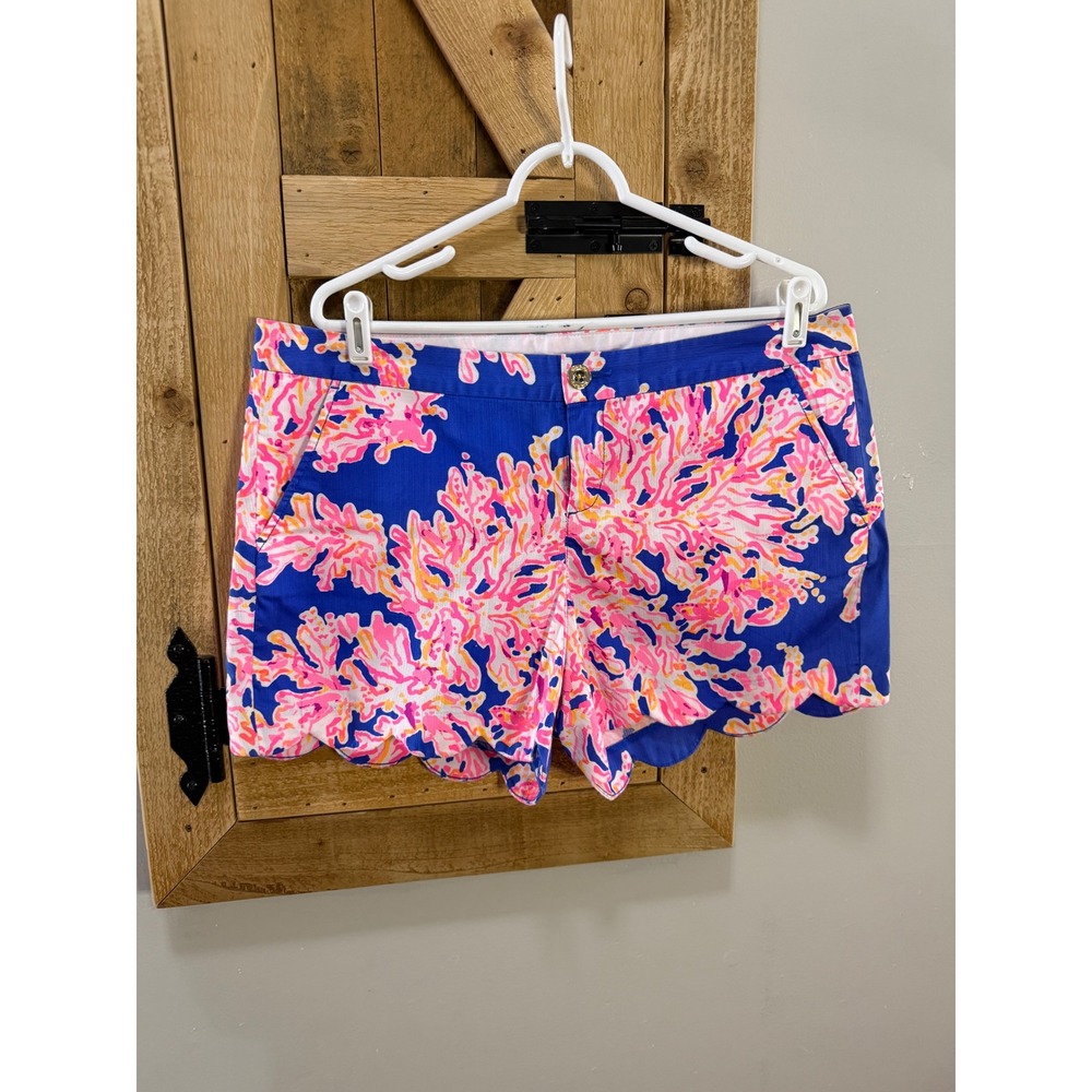 Lilly Pulitzer Buttercup Shorts Size 14 Blue Pink Coral Scalloped Hem 5 Inseam